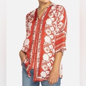 Johnny Was Zoi Silk Floral Printed Button Down Blouse In Red Size S